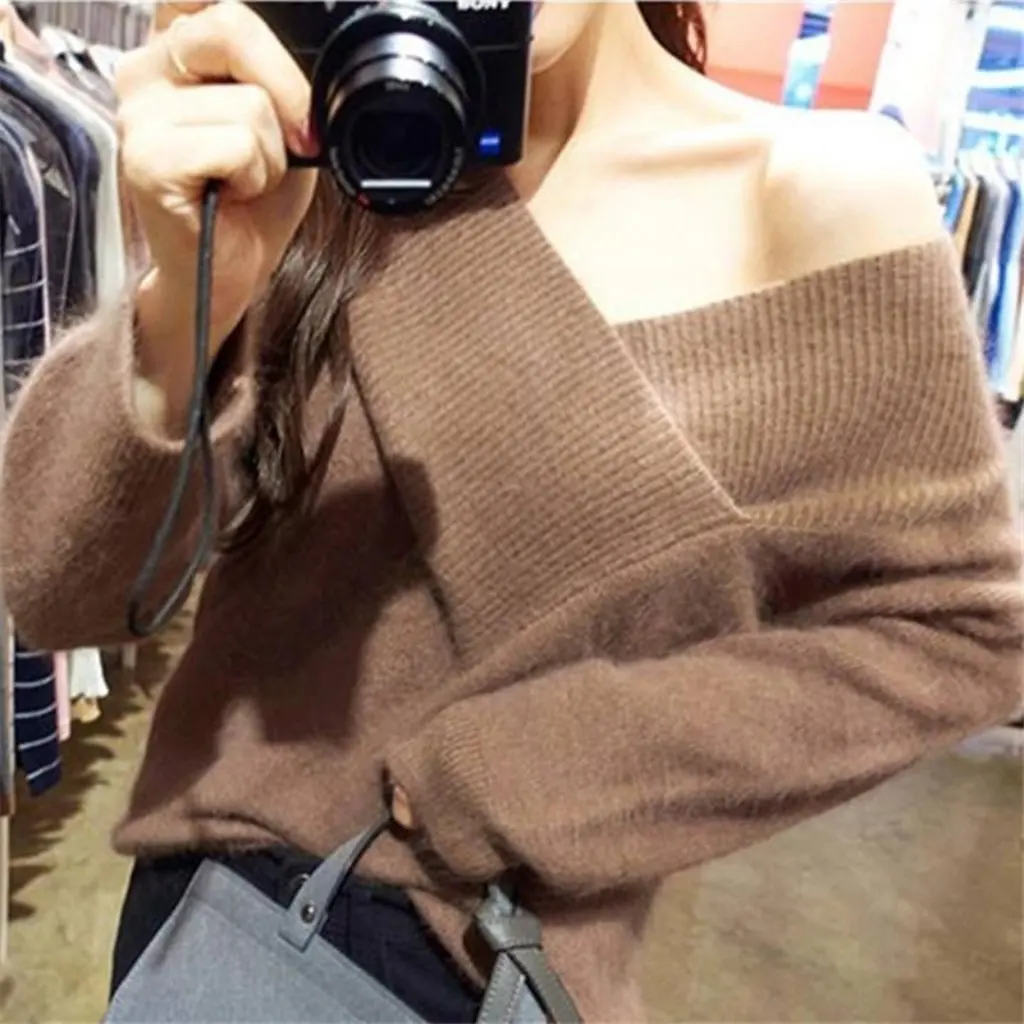 

Women's Autumn/Winter Deep V-Neck Off-Shoulder Mink Fur Fluffy Pullover Sweater Korean Sexy Fashion Knitwear