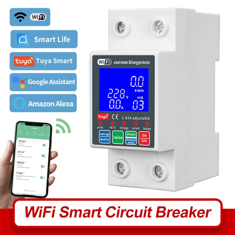 

63A 230V WiFi Tuya Smart Утечка на землю Защита от пониженного напряжения Реле Устройство Переключатель Умный автоматический выключатель Управление через приложение