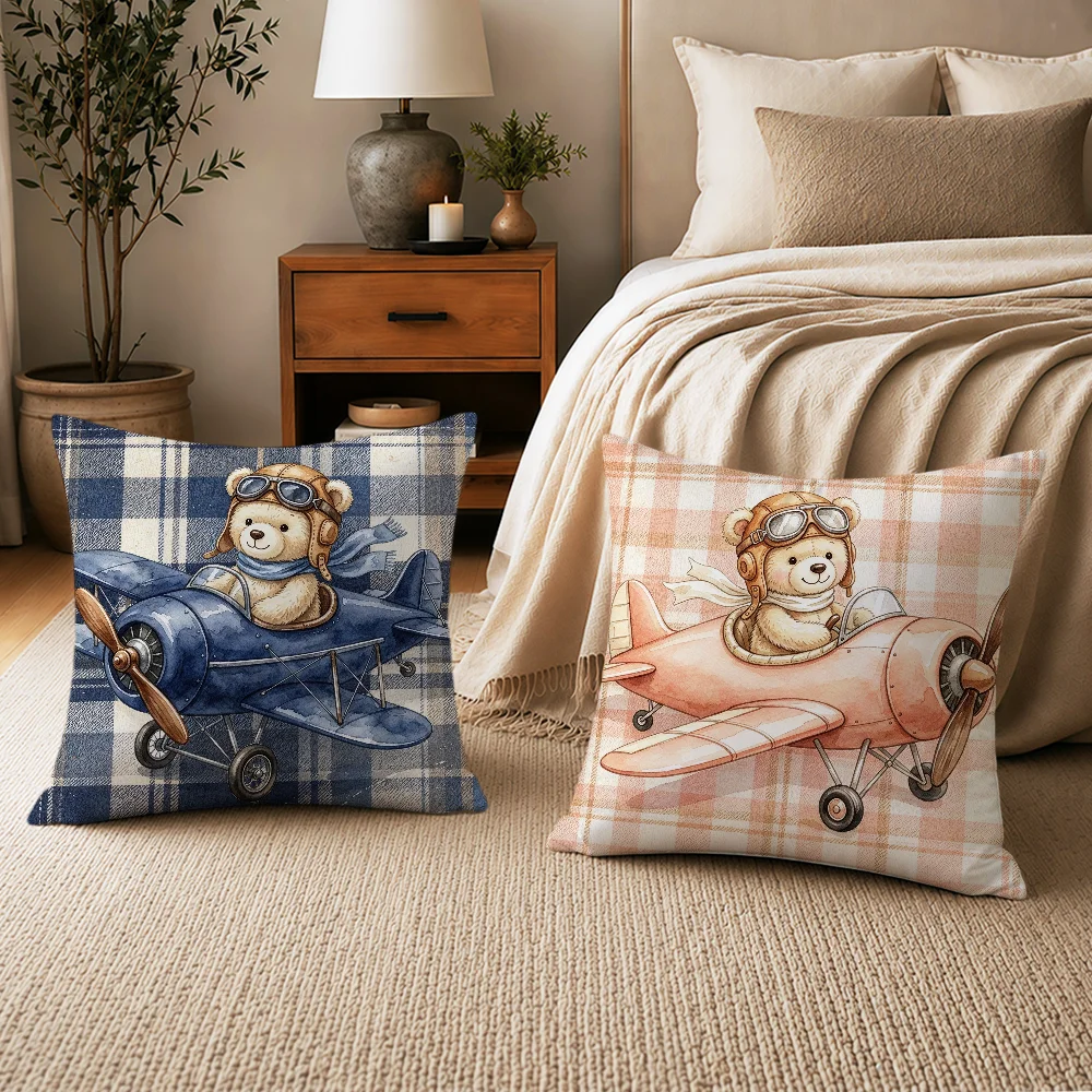 Cute Cartoon Aviation Bear Airplane Cushion Cover Soft Pillowcase Double Sided Sofa Home Living Room Decor Bed Hogar Gift