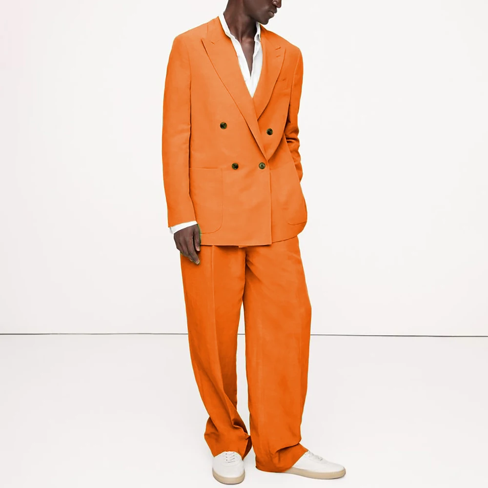 

Men's Chic Linen Suits 2 Piece Set Casual Blazer with Pants Double-breasted Peaked Lapel Summer Wedding Guest Resort Wear