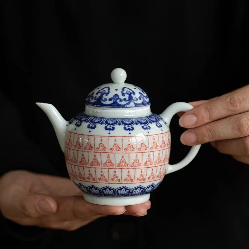 250ML Jingdezhen Ceramic Blue and White Tea Set Qianfo Rubbing Teapot Underglaze Color Brewing Teapot Retro High-end Tea Set
