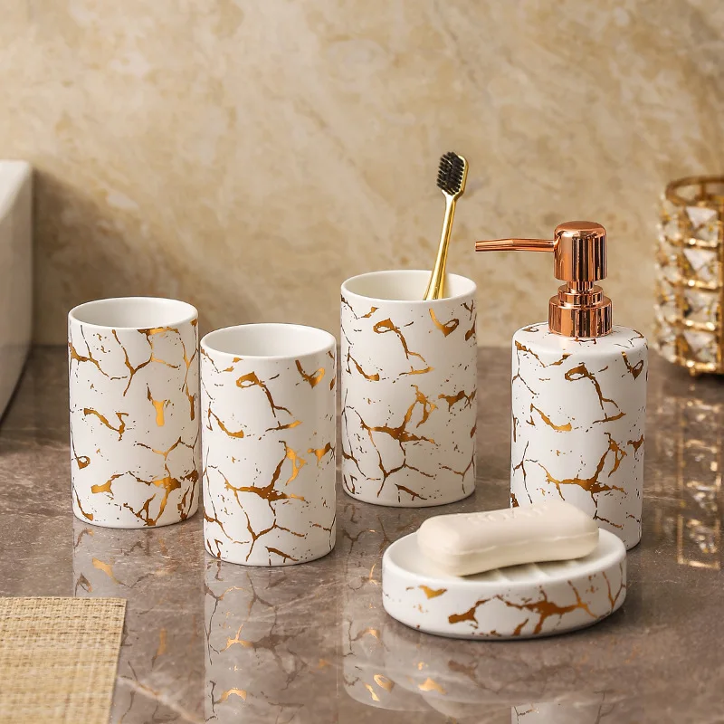 

Gold-plated Ceramic Lotion Bottle Press-type Soap Dispenser Toothbrush Holder Soap Dish Bathroom Accessories Soap Dispenser Cup