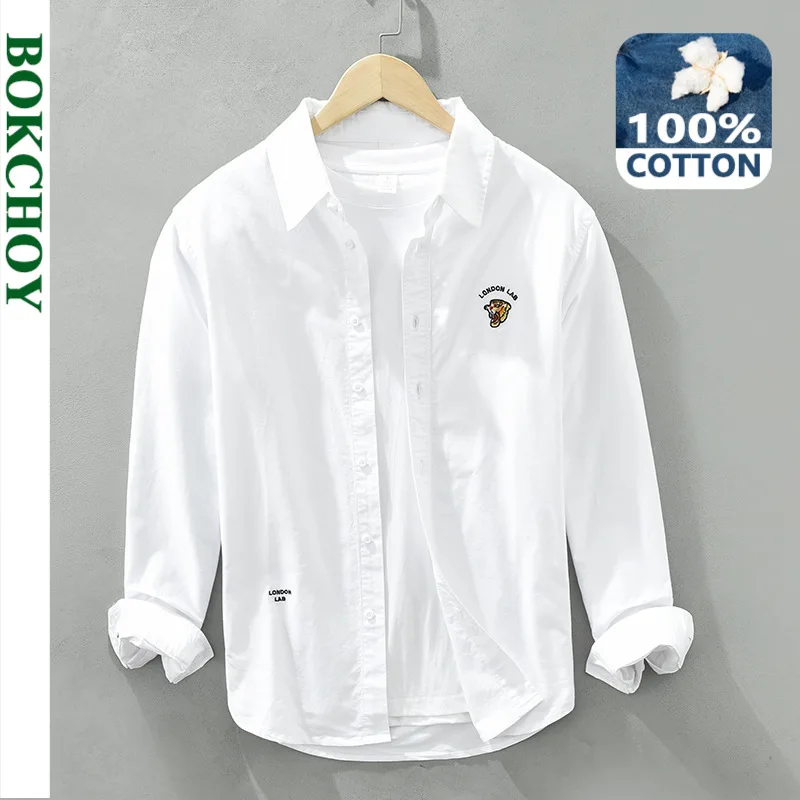 Autumn New Oxford Embroidered Shirts for Men Clothing Simple Pure Cotton Casual Streetwear Men Turn-down Collar C6633