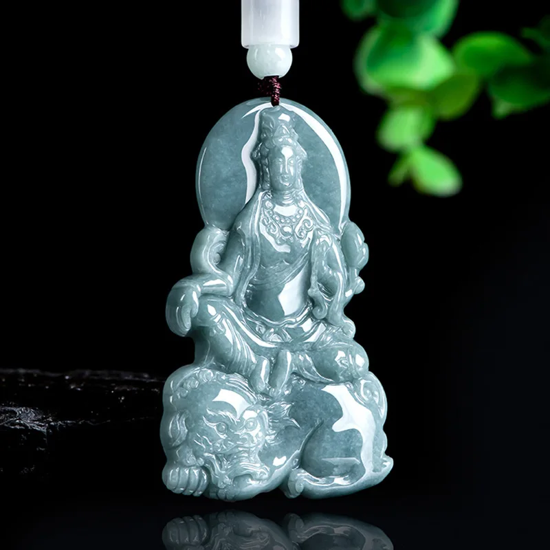 Authentic Natural A-grade Jade Blue Water Manjusri Bodhisattva Zodiac Rabbit Guardian Deity Jadeite Pendant For Men Women