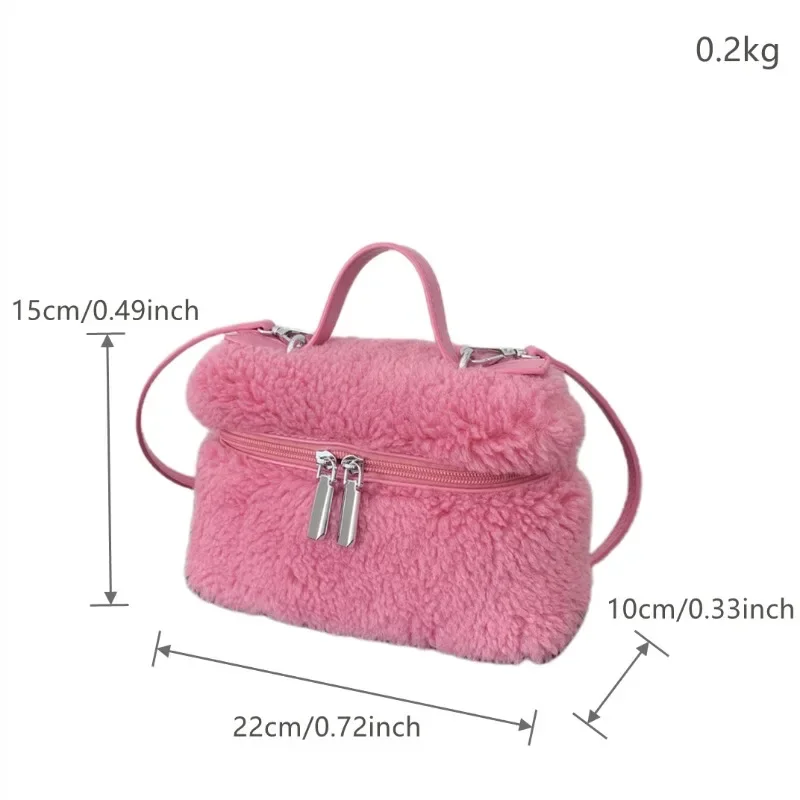 Winter Women\'s Artificial Lamb Wool Double Zipper Box Bag Design Fluffy Faux Fur Crossbody Bag Female Phone Pouch Purse Handbags