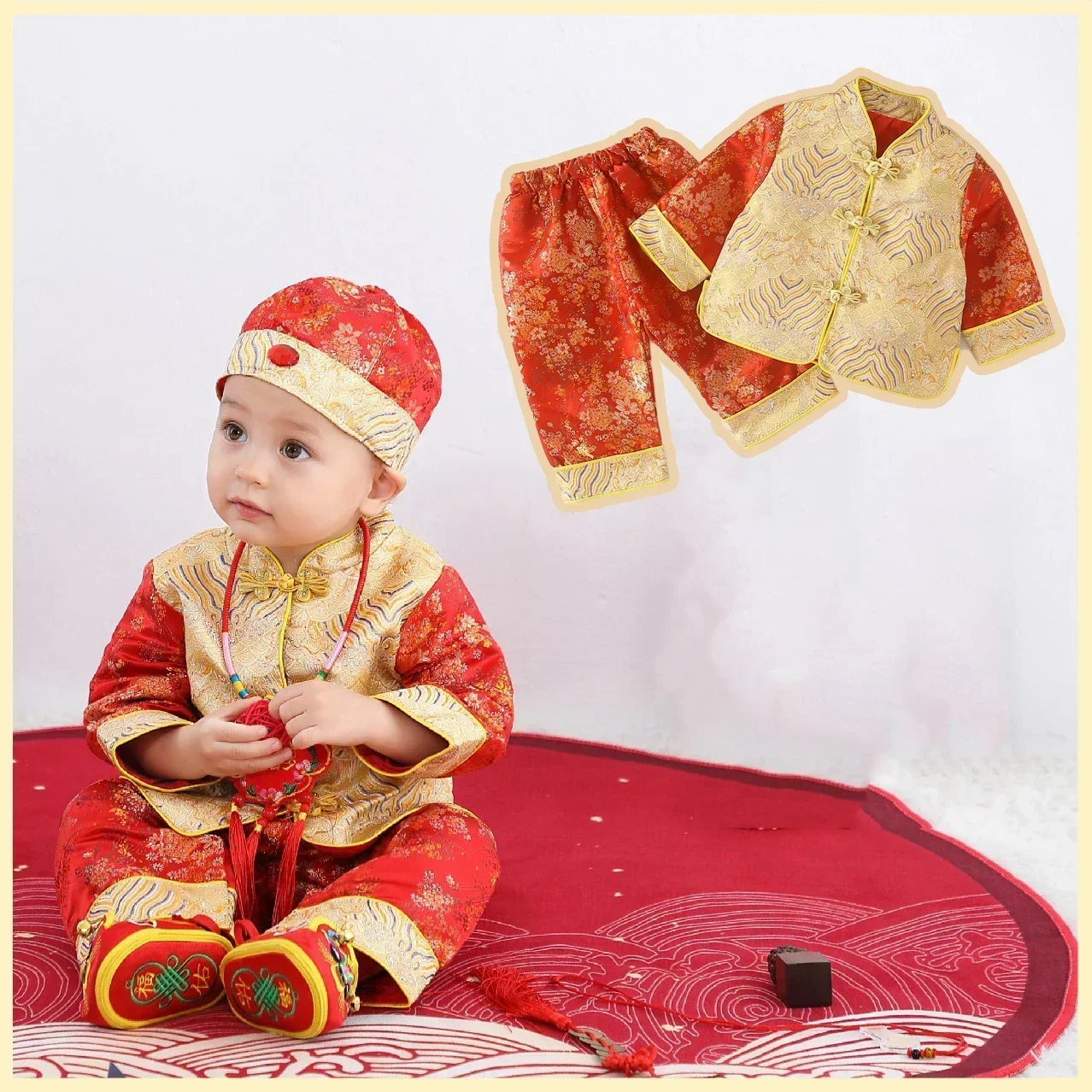 

Costume traditionnel chinois imbibé de Tang pour nouveau-né, broderie rouge, chapeau de Noël, nouvel an, cadeau d'anniversaire,