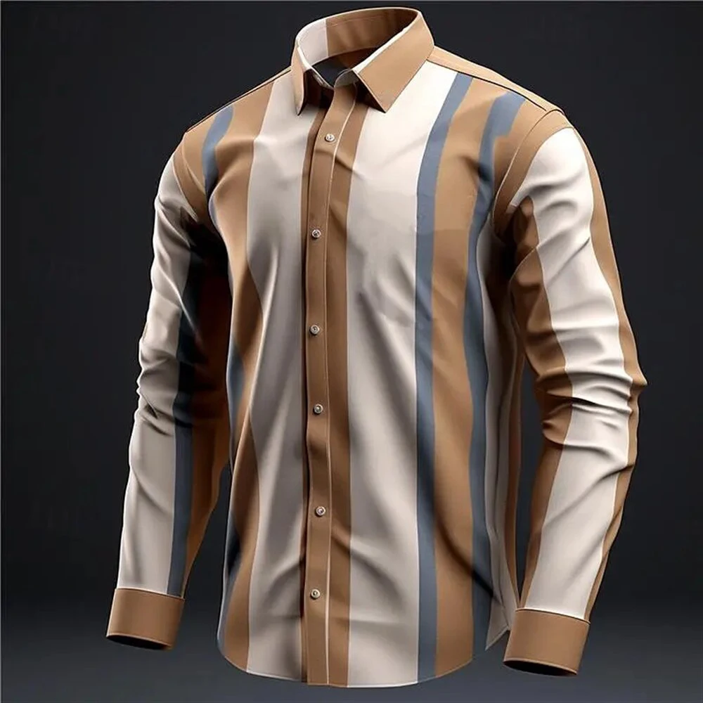 Men's Colored Stripe Contrast Color 3D Printed Button Long Sleeve Shirt Comfortable Breathable Men's Shirt Slim Design Men's