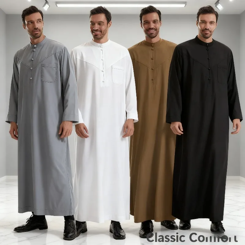 

Мужское однотонное мусульманское платье на пуговицах с длинными рукавами, пакистанская исламская одежда, мужской халат из Саудовской Аравии