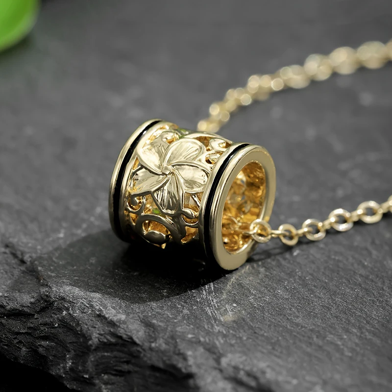 Huitan Hollow Carved Flower Barrel Pendant Necklace for Women Black Enamel Edge Cylinder Bead Vintage Floral Female Jewelry Gift