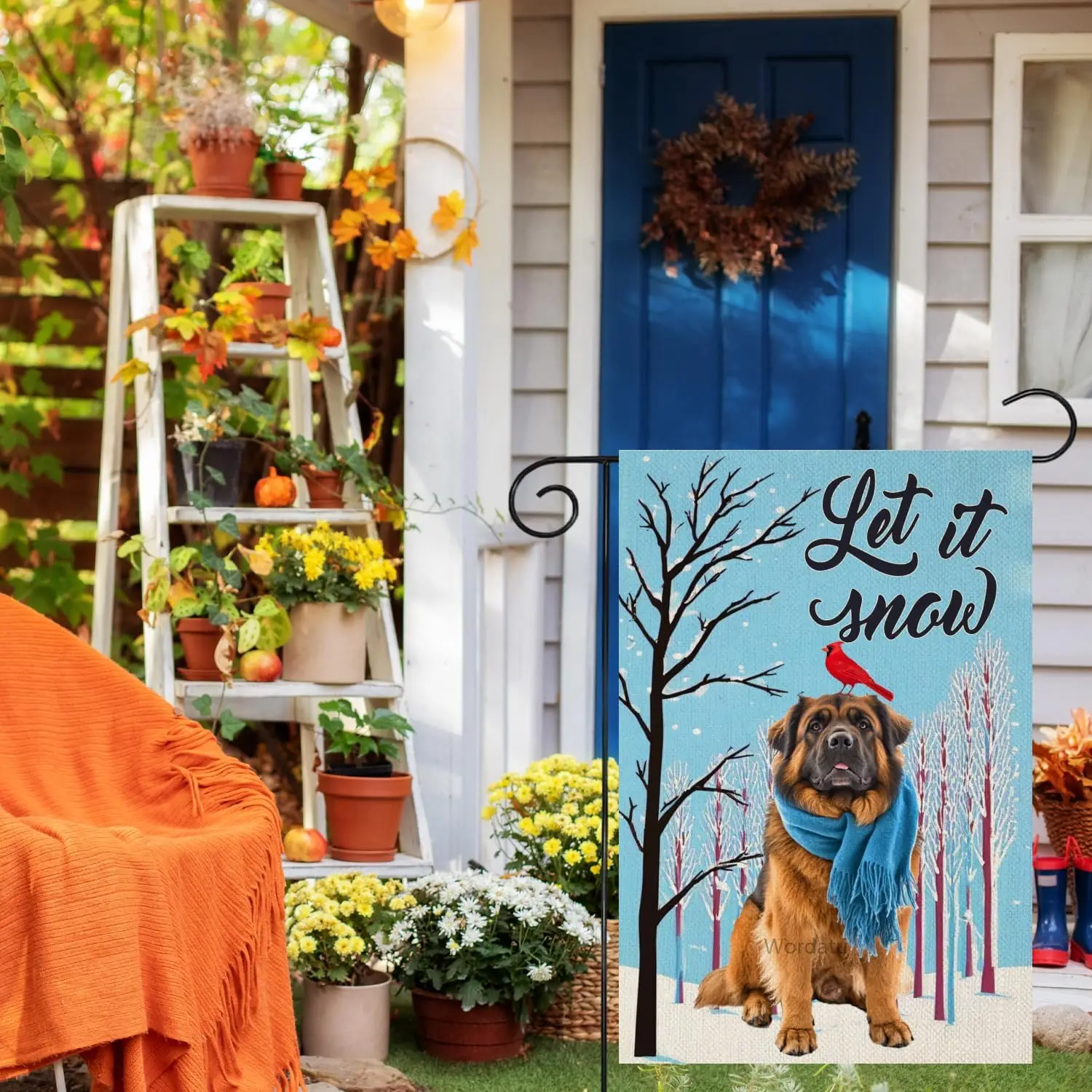 Winter Snowman Tibetan Mastiff Garden Flag Let It Snow 12x18 Inch Double Sided Small Burlap Holiday Snowflakes Blue Flag for AAO