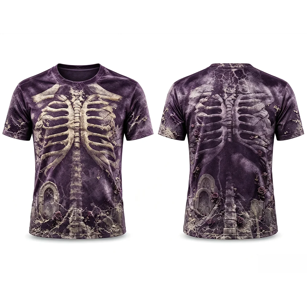 Halloween Skeleton 3D Print T‑Shirt Horror Pumpkin Graphic Party Casual Tops Gothic Style Men's Vintage Short Sleeve Streetwear