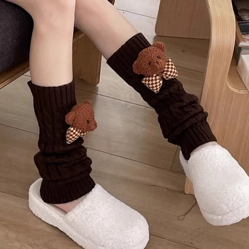 WPNAKS Women Knit Leg Warmers Cute Bear Dolls Winter Knee High Socks Aesthetic Boot Cuffs for Streetwear Clothes Accessories