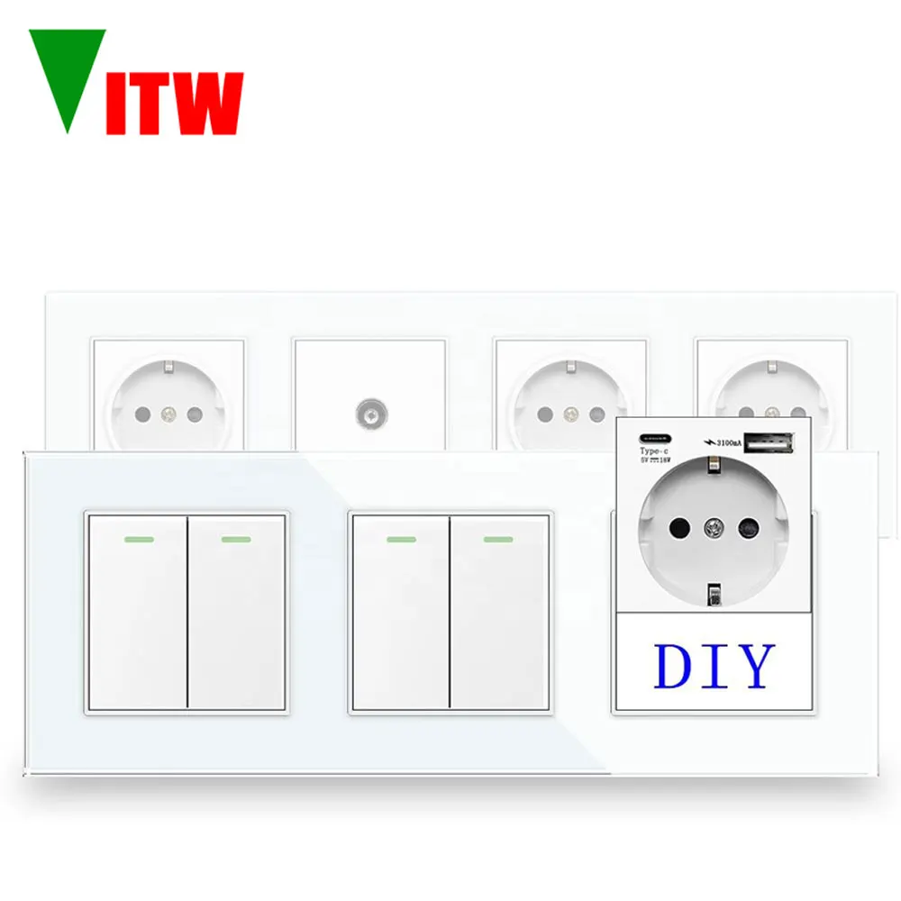 Vitw EU standard wall power supply white socket universal combination glass panel 16A German style lamp electrical switch