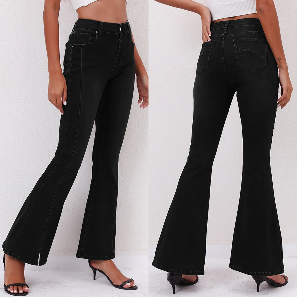 Stretch Flared Jeans Women Boot Cut Pants Ankle Front Split Denim Trousers Luxury Trendy Bell Bottom Office Lady Plussize 4XL
