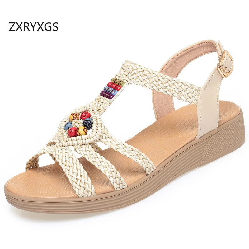 ZXRYXGS Bohemian Style Real Leather Microfiber Spell Colors Woven Sandals Comfortable Soft Sole Women Fashion Sandals Flats 2026