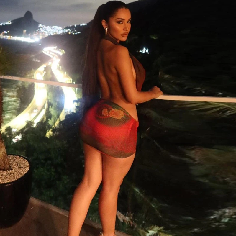 Sexy Halter Backless Cut Out Mini Dress Women Sleevless Mesh Printed Sundress 2023 Summer Beach Vacation Fairy Y2K Clothes