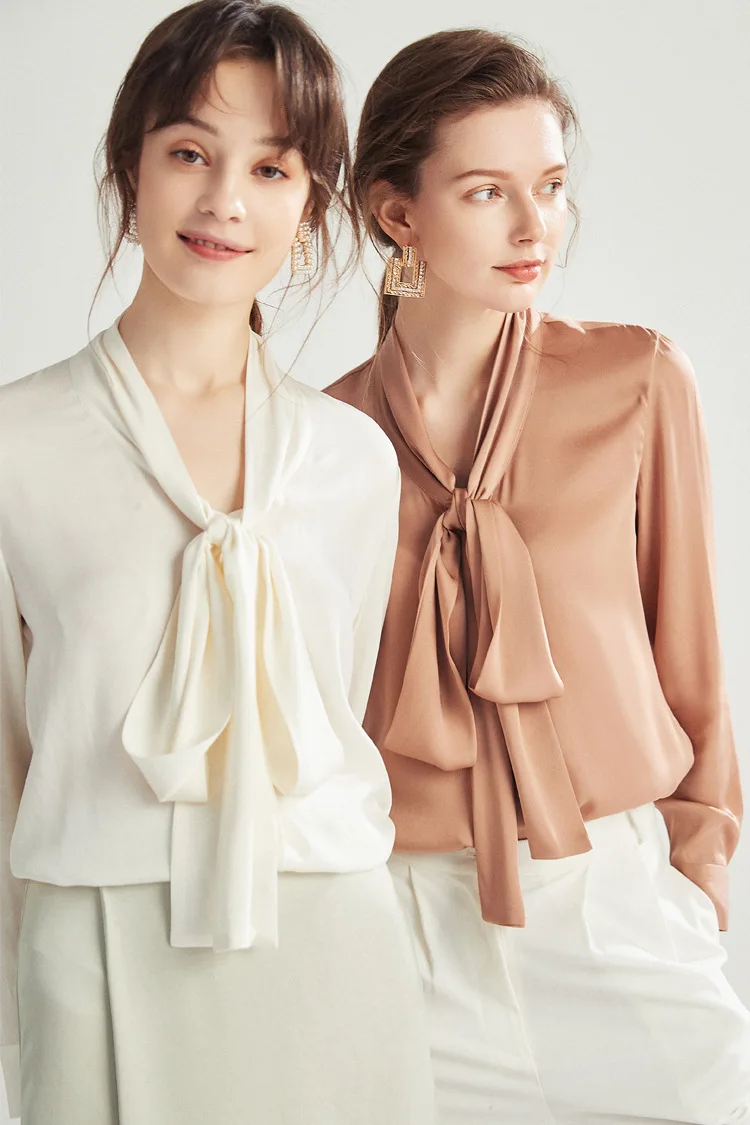 Camicia di seta da donna spessa con fiocco lungo 2025 Primavera ed estate Nuova camicia di design con lacci in seta di gelso Top a maniche lunghe