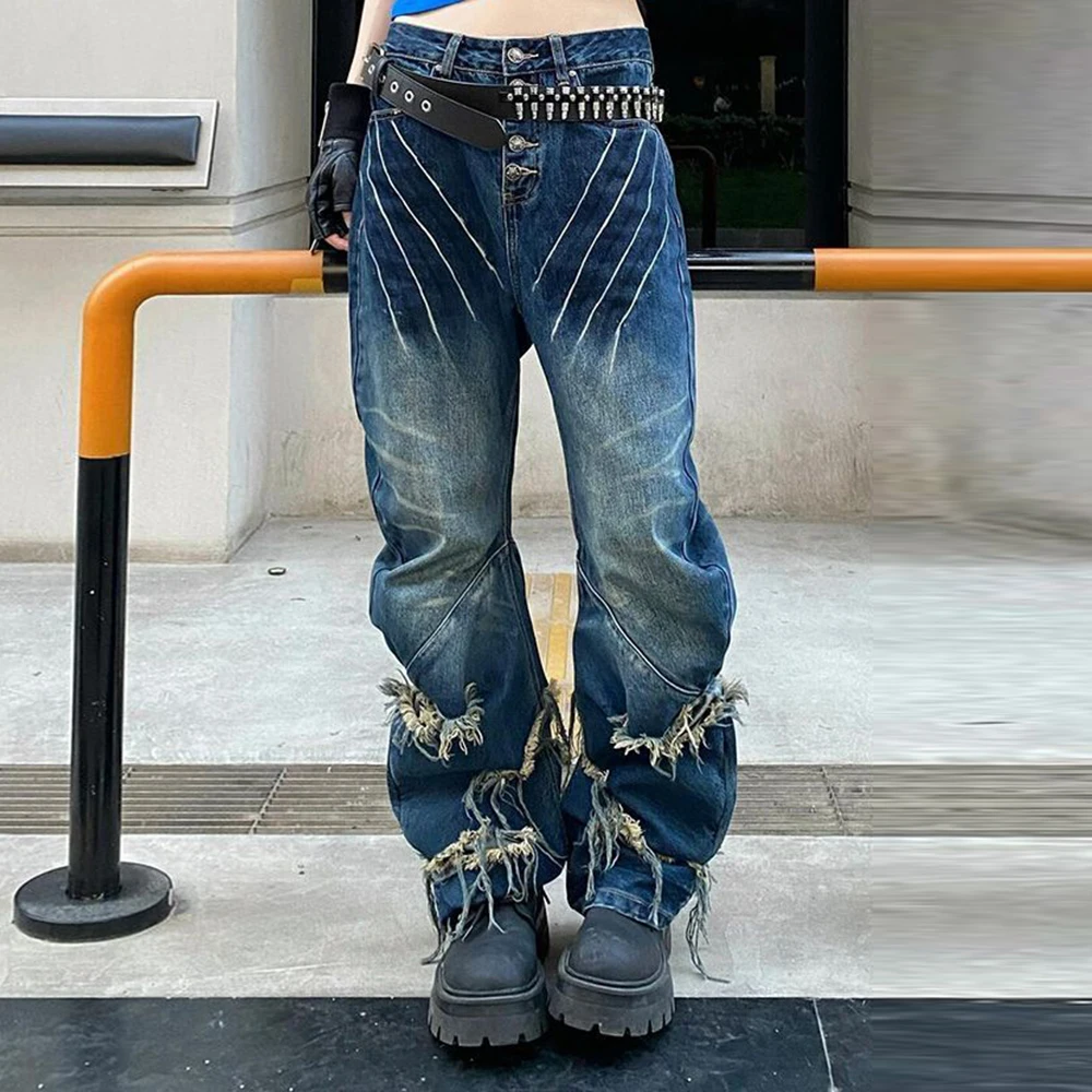 American high street washed damaged claw mark splicing jeans children's new design sense ripped rough  trousers