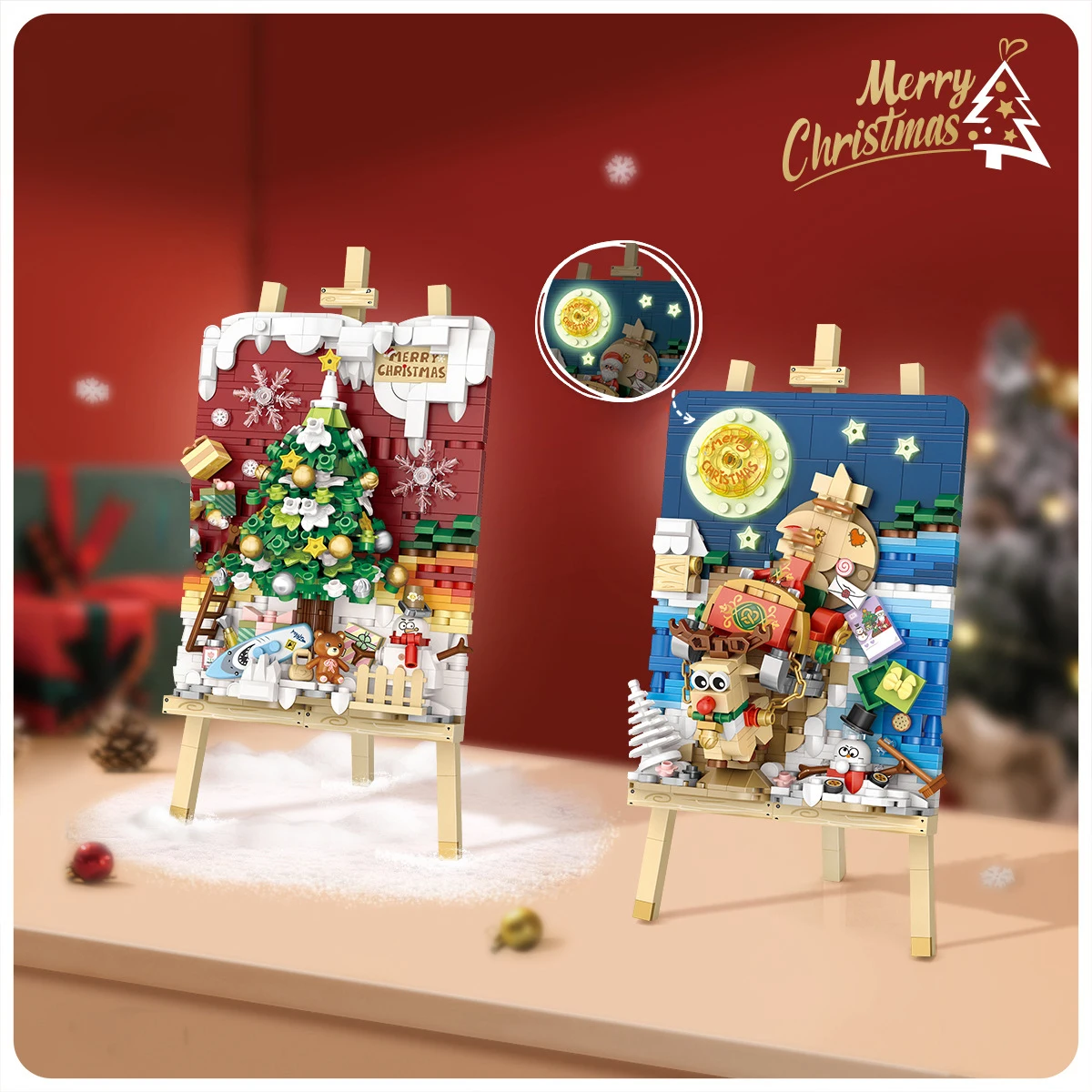 Idea Artistic Creative Sailboat Christmas Tree Train 3d Painting MOC Building Bricks With Easel Mini Block Figures Toy For Gift