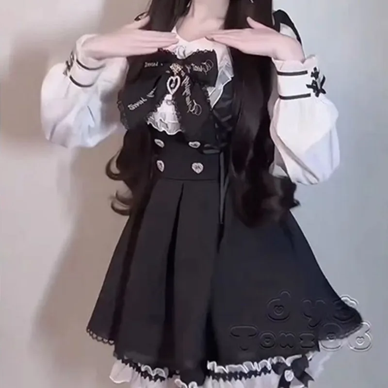 Bow Tie Dresses JK Y2K Landmine Contrasting Japan Heavy Industry Fungus Edge Half Skirt Waist Splicing Dress Long Sleeves Skirt