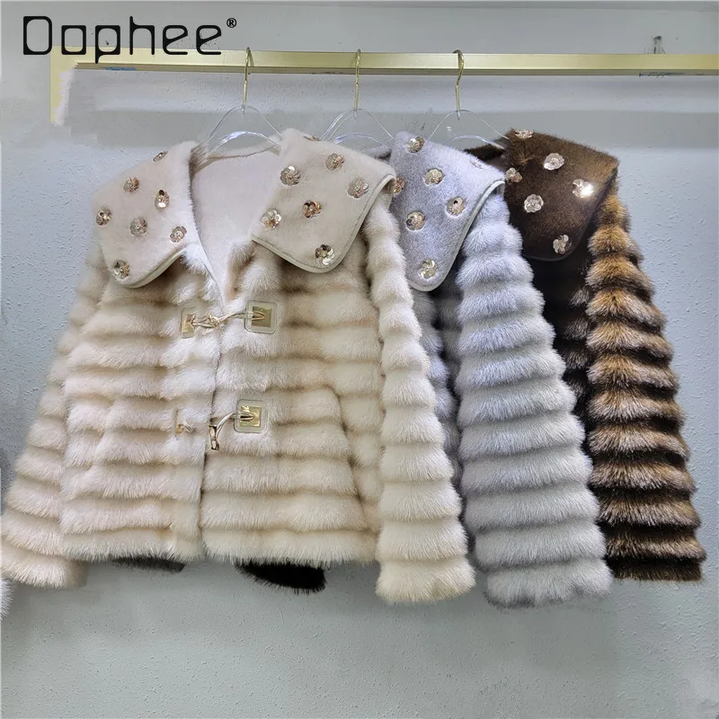 Light Luxury Fashion Bead Large Lapel Imitation Fur Loose Versatile Fur Coat Women High End Temperament Ladies Short Faux Fur