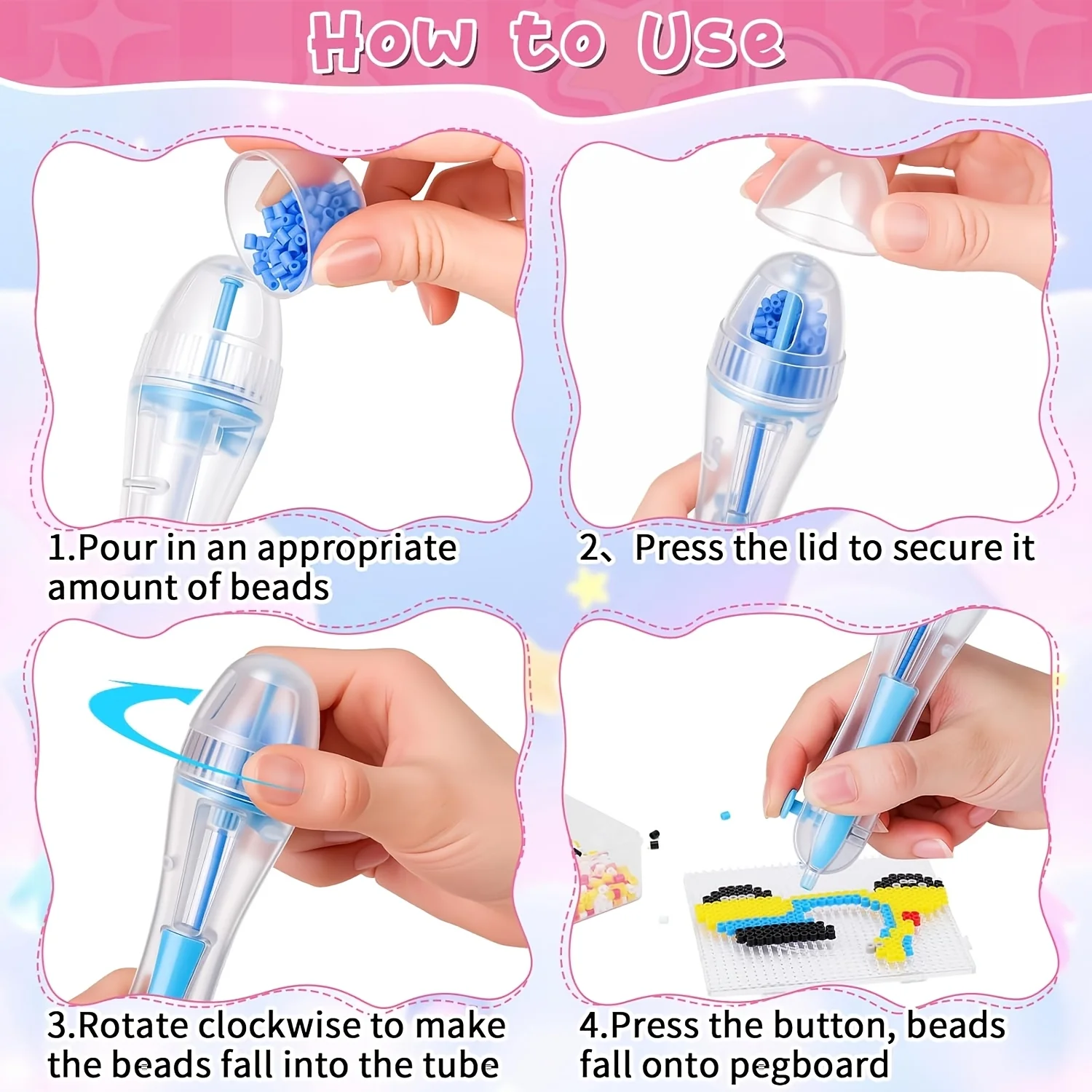 4-Piece 2.6mm Automatic Bead Dispenser Pen Set Continuous-Dispensing Craft Tool with Transparent Storage Chamber for DIY Beading