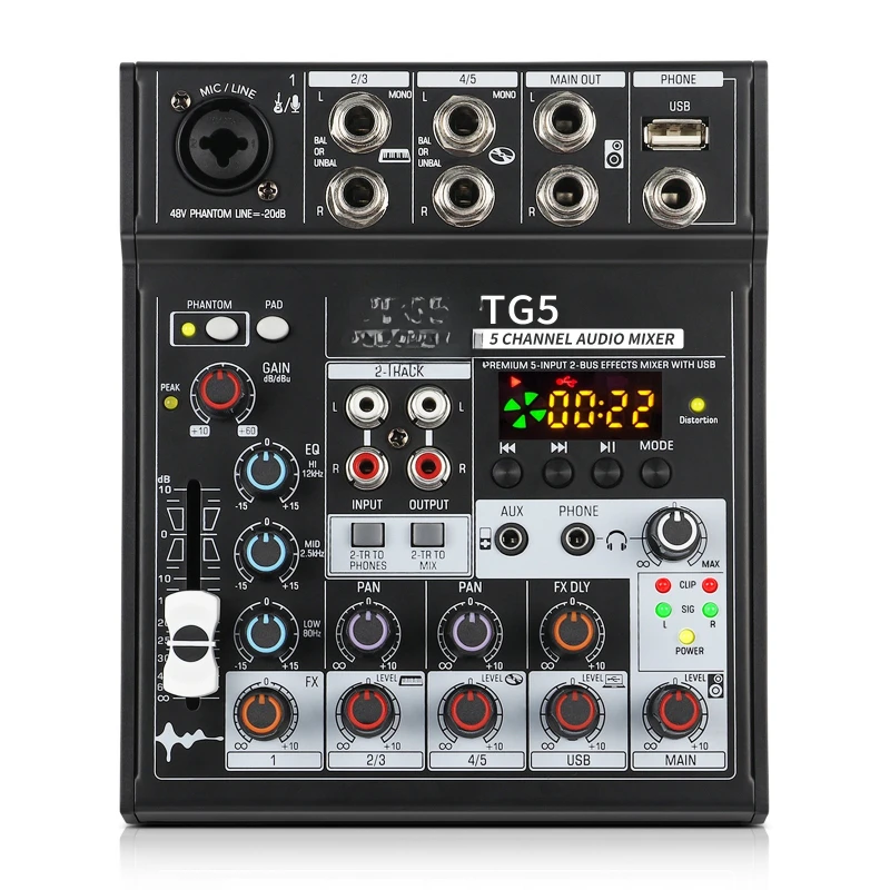 

Professional 5-way mixer with reverb Bluetooth playback Multi-control effect EQ mixer Full metal case