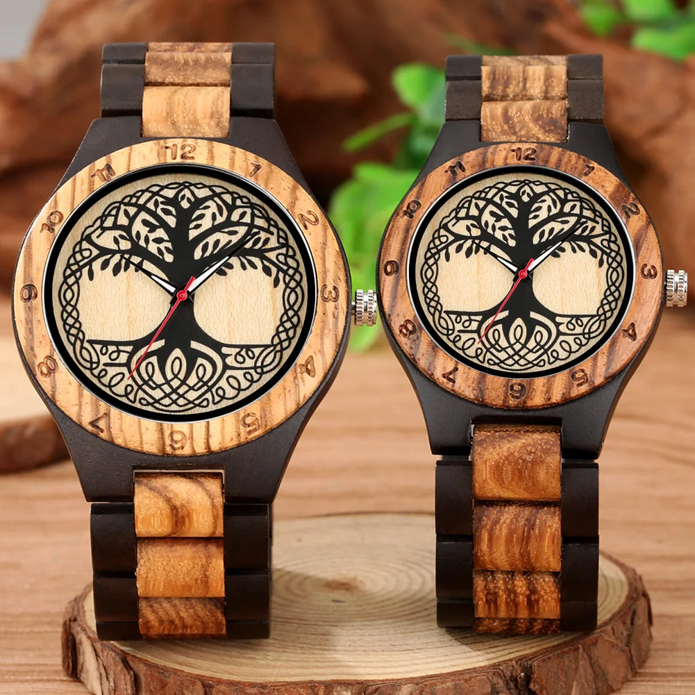 Klassische Zebrawood Rund Quarz Uhr für Paar Einzigartige Leben Baum Muster Display Runden Zifferblatt Armband Holz Band Männer Frauen Armbanduhr