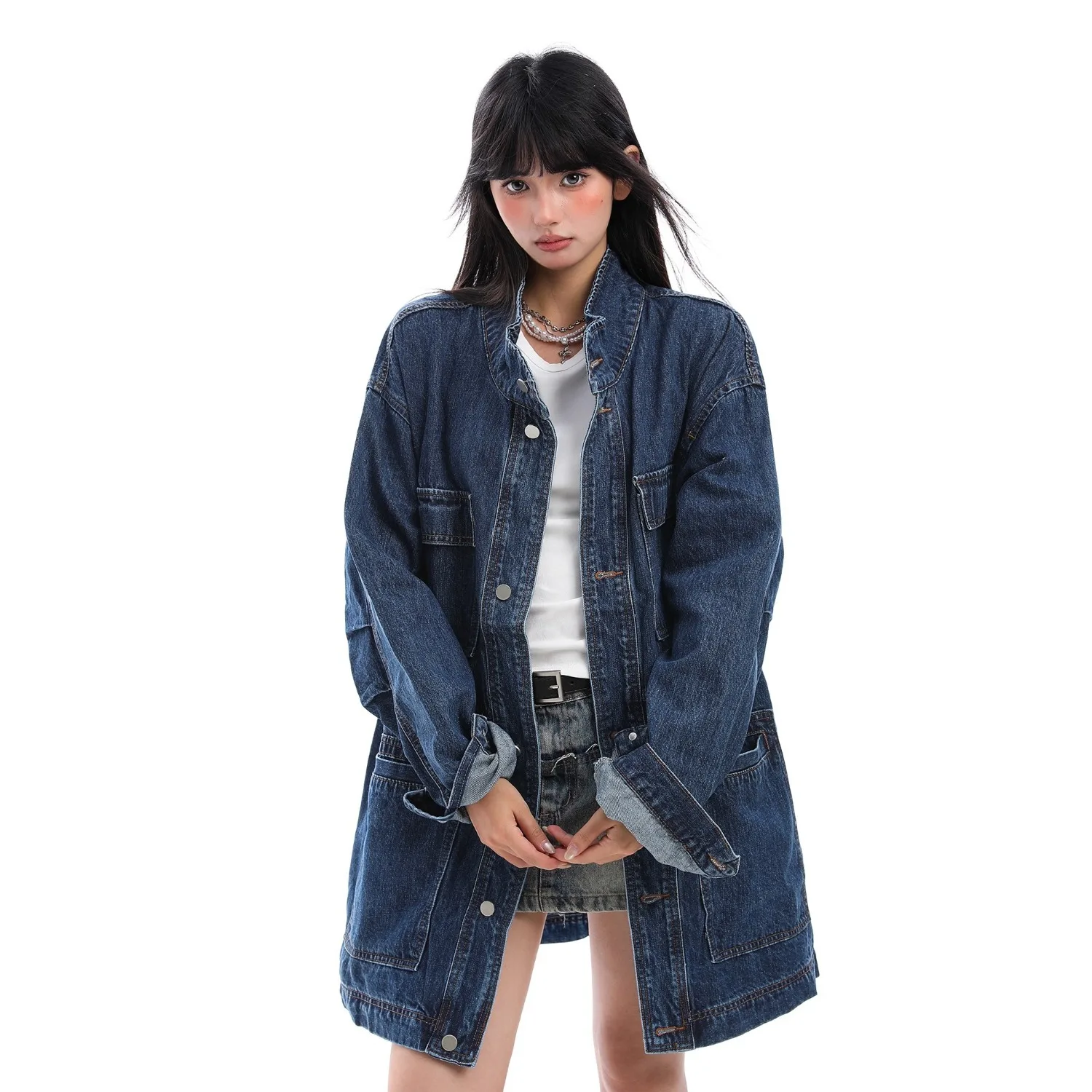 

Women's Denim Long Trench Coat 2026 Spring Autumn American Workwear Denim Jacket Windbreaker Niche Design Loose Mid Length Coat