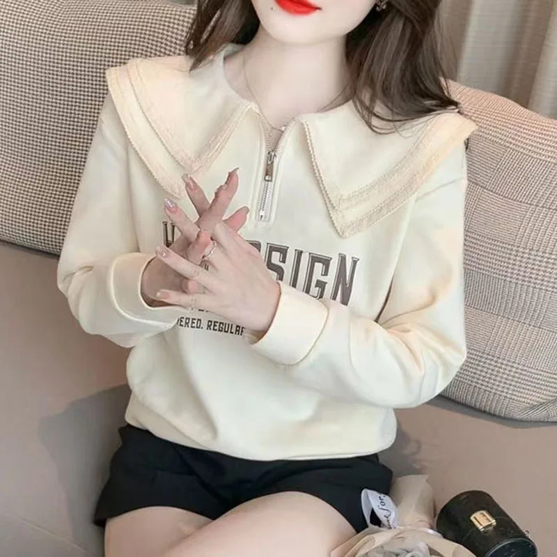 Sweet Peter Pan Collar Zipper Letter Sweatshirts Female Clothing 2023 Autumn New Oversized Casual Pullovers All-match Sweatshirt