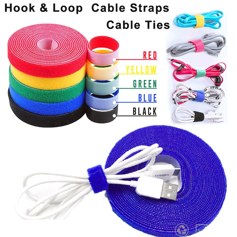 5M Hook Loop Cable Ties Reusable Fastening Tape Straps Cable Management Ties Cable Straps Adjustable Cord Ties Cord Organizer