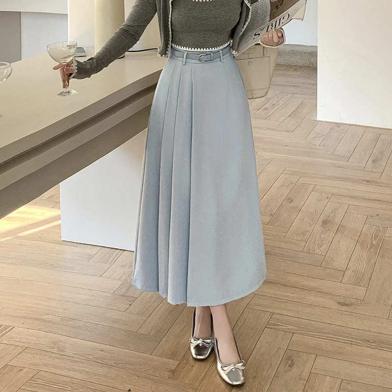 

Korean Style Elegant High Waist Pleated Long Skirts Women New Spring Summer A-line Umbrella Skirt Office Lady Casual Suit Skirts
