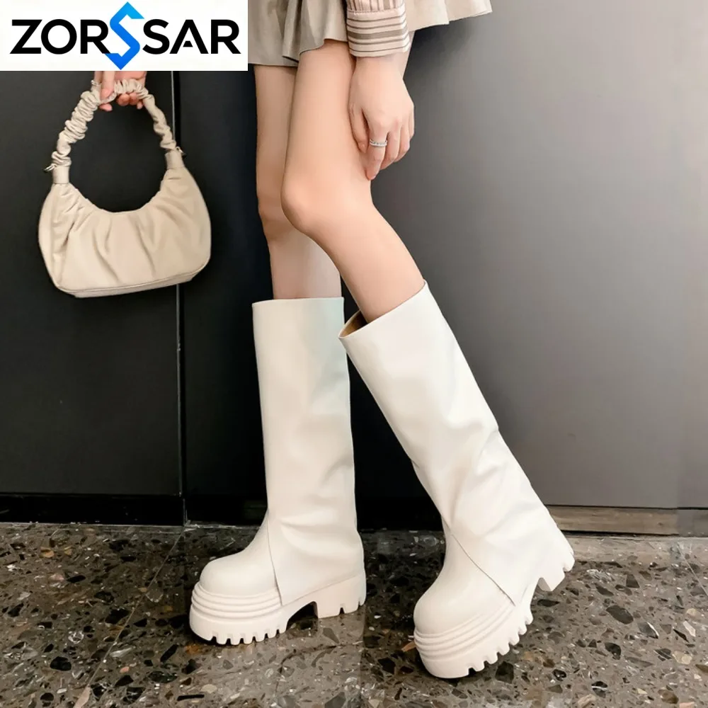 White Genuine Leather Platform Women Knight Long Boot Fashion Warm Fur Shoes Autumn Winter Square Heels Ladies Knee High Booties