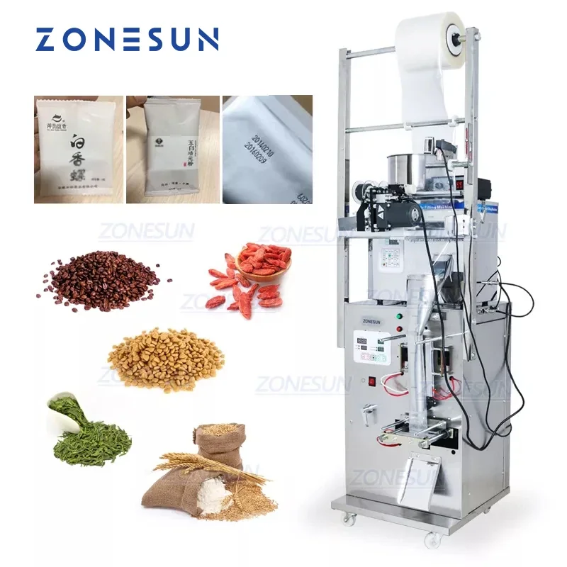 ZONESUN 2-50G Dry Massive Power Hardware Nut Automatic Powder Tea Surge Filling Sealing Racking Packing Machine ZS-GZ5200