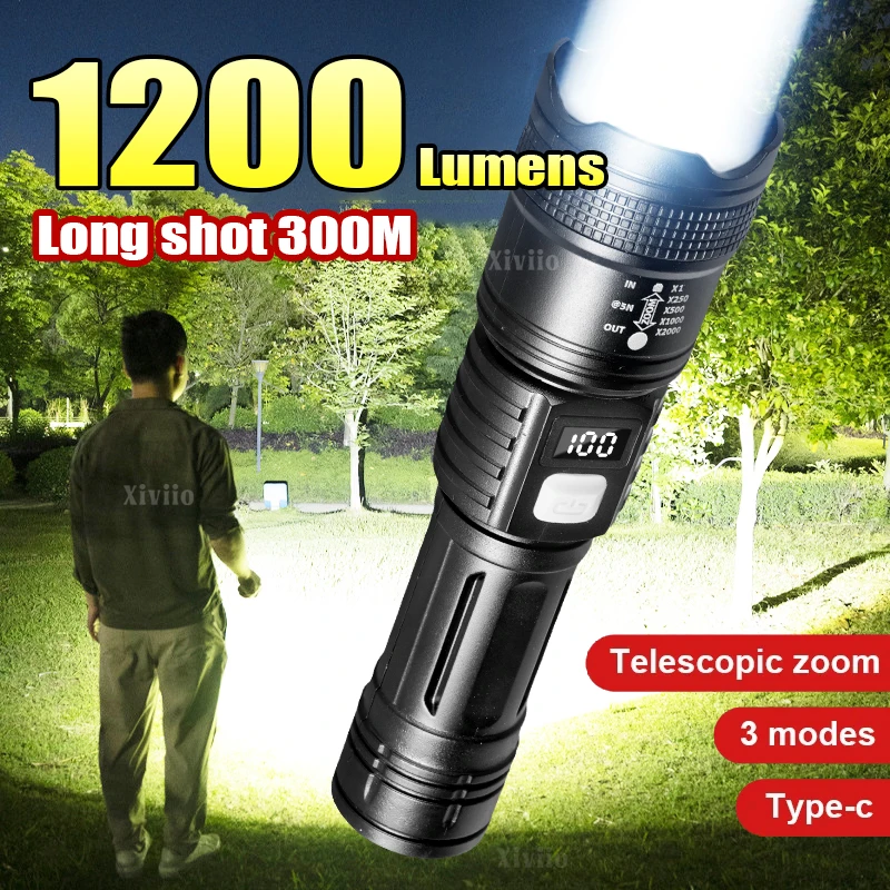 

100000LM Super Bright Flashlight Type-C Rechargeable LED Torch Long Range Tactical Lamp for Outdoor Waterproof Camping Lantern