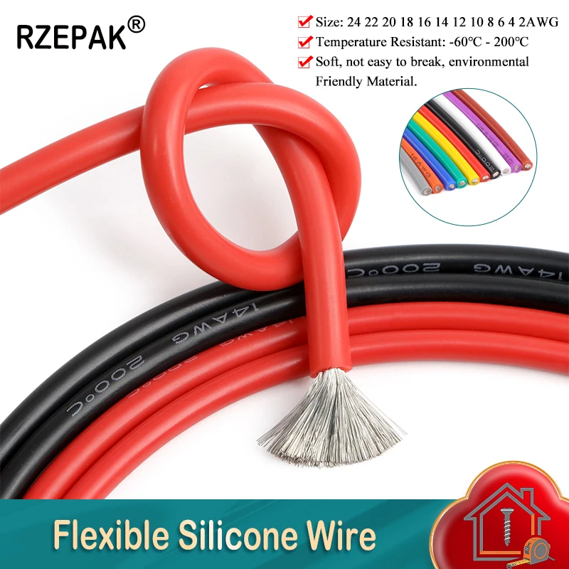 1/3m Soft Silicone Wire 24 22 20 18 16 14 12 10 8 6 4 2AWG 200℃ Auto Car Battery Connection Insulation Audio Electric Power Wire