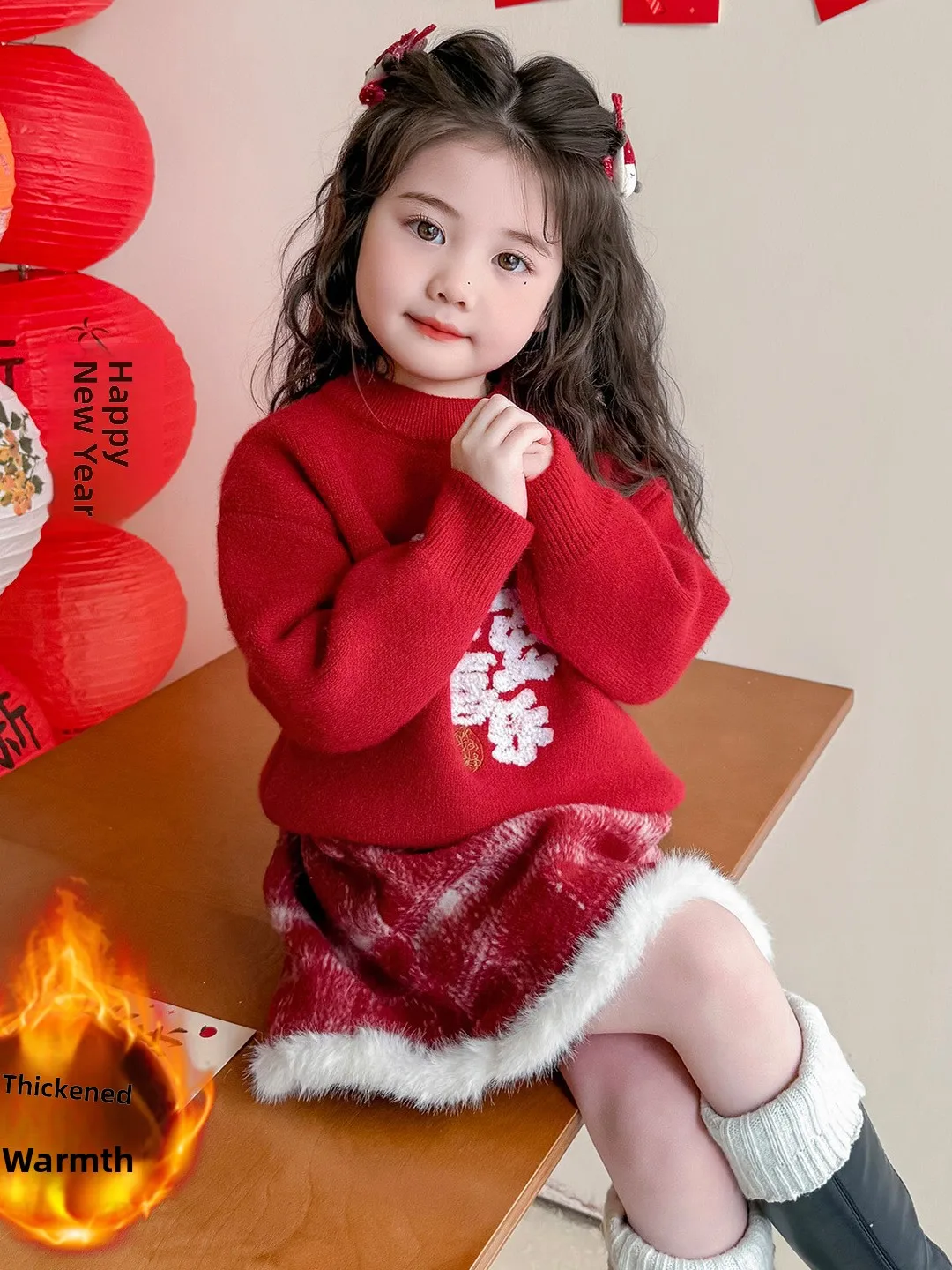 

Зимний вязаный свитер Thiened для маленьких девочек Happy Peaceful, красная новогодняя одежда, женская свободная длинная одежда китайского бренда...