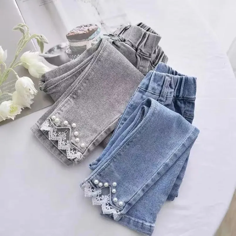 

Kids Girls Pearl Jeans 2023 New Children's Pants ashionable Middle School Children's Spring And Autumn Baby Elastic Pants 2-8Y