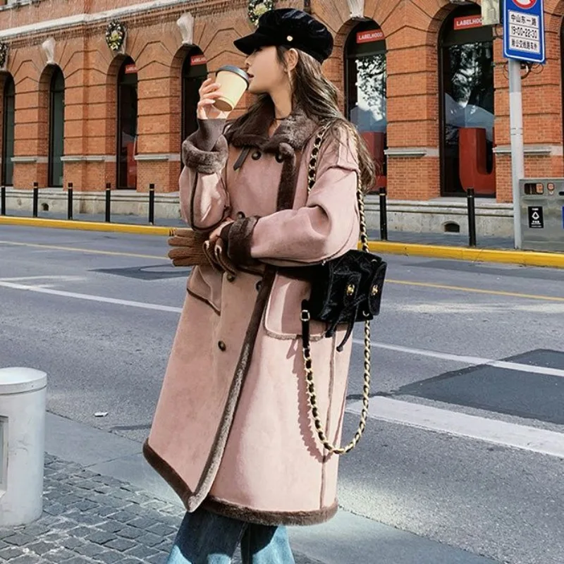 Womens Lambskin Trench Coat Winter Warm Fleece-lined Thicken New Fur One-piece Deer Skin Overcoat Double-breasted Pockets Jacket