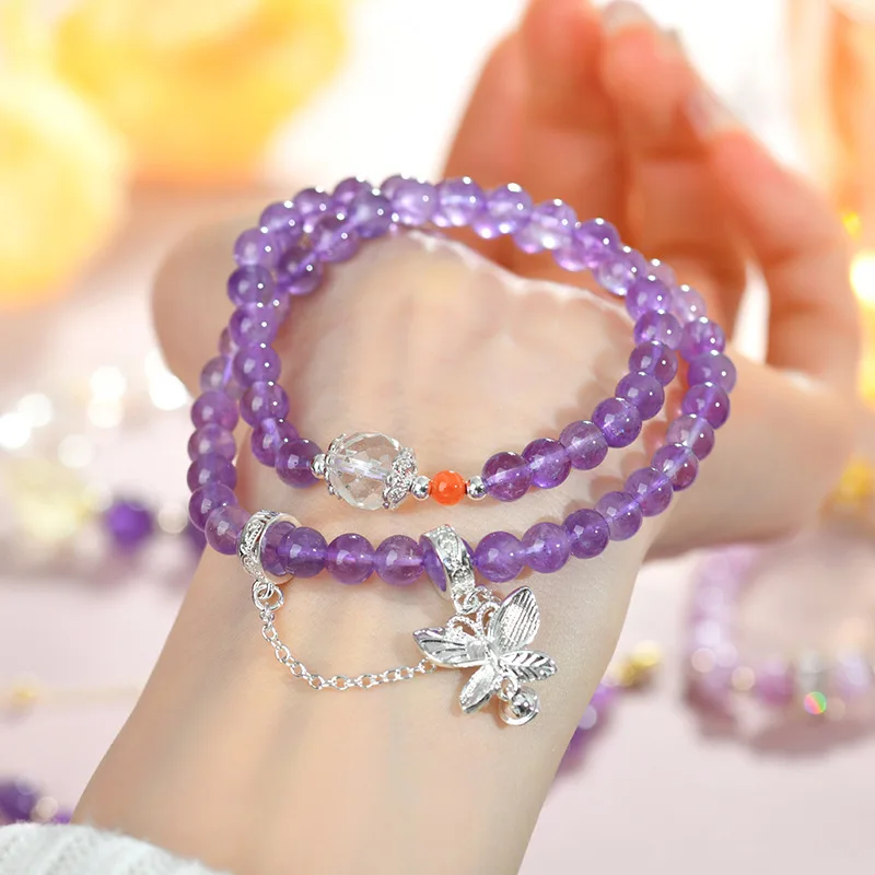 

Натуральный аметист, двойной круг, модный романтический мечтательный фиолетовый женский браслет, ювелирные изделия