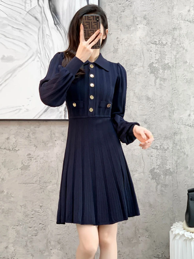 

High Quality French Elegent Knitted Dress Women Autumn Winter Lapel Lantern Sleeve Slim Pleated Sweater Dresses Korean Fashion