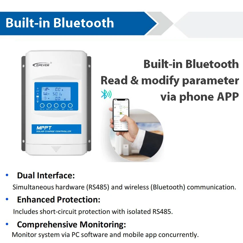 Imagem -02 - Epever-mppt Controlador de Carga Solar Bateria de Lítio Construído em Bluetooth Xtra4415n g3 Suporte Regulador 12 v 24 v 36 v 48v 40a