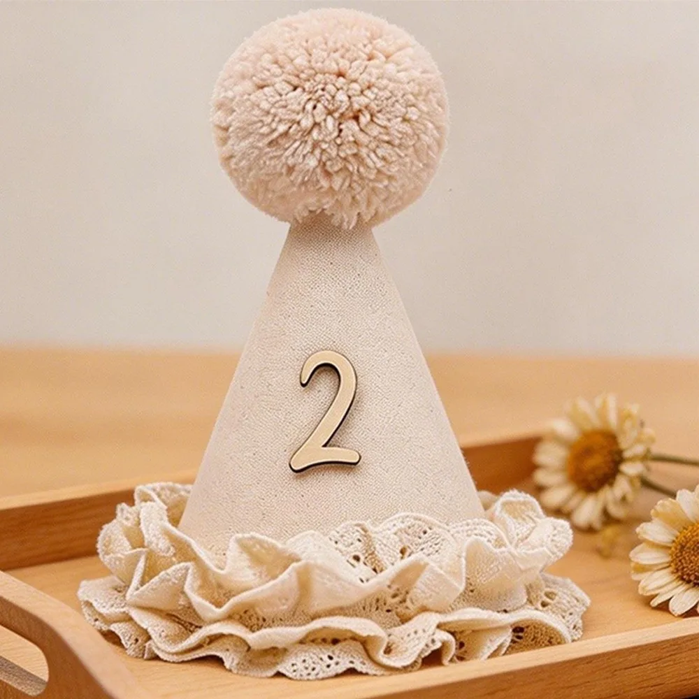New Sweet Birthday Hat Handcrafted Pom Pom Neutral Color Princess Birthday Hat Lace Ruffle Hat Birthday Decoration
