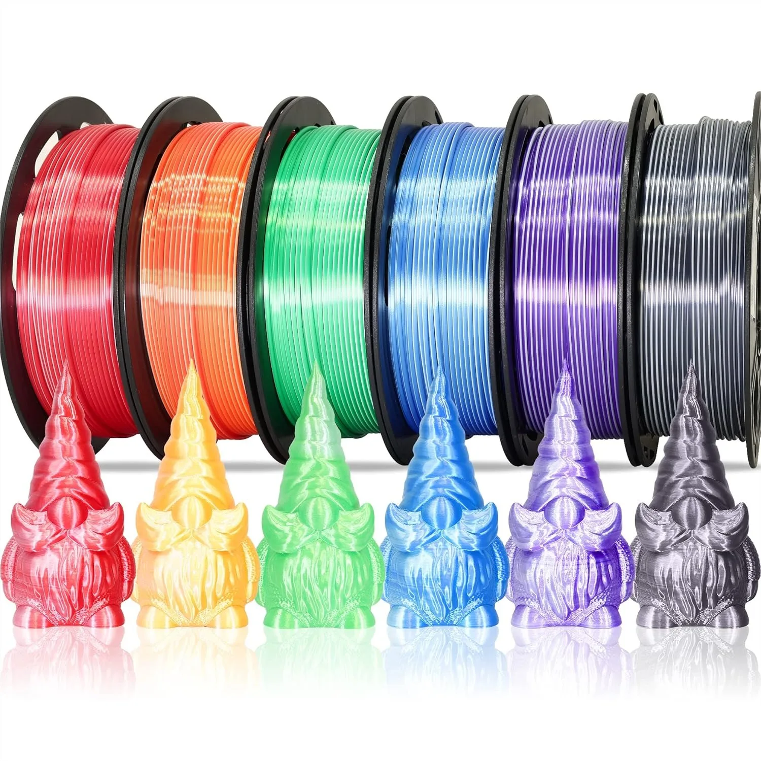 

Dual Color Silk PLA 3D Printer Filament Bundle, 6 Spools 1.5kg, Silk White Purple/Blue/Green/Orange/Red/Black, 250g Each, 1.75mm