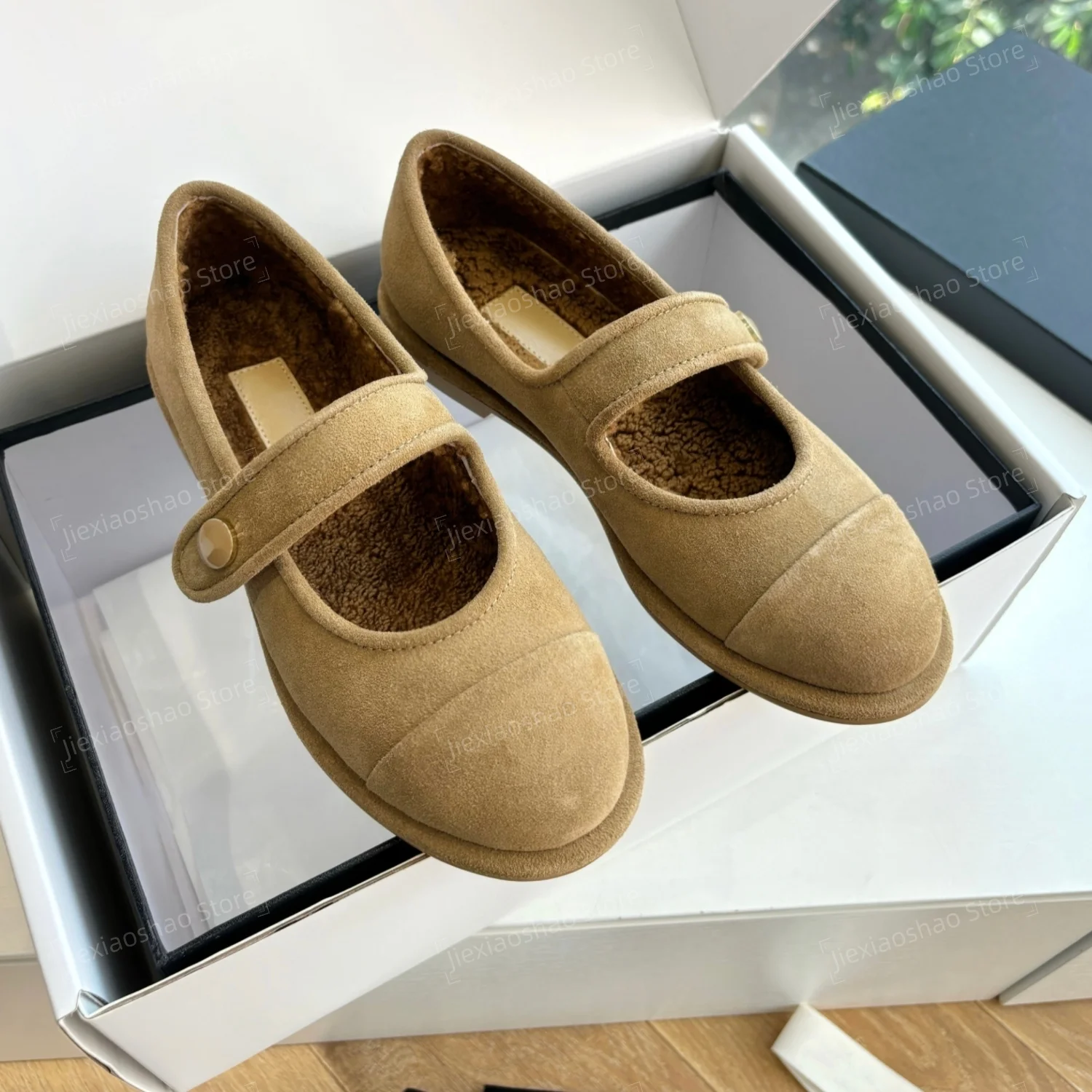Newest Autumn Winter Cow Suede Round-Toe Buckle-Strap Ballet Dance Shoes Wool Mules Mary Janes Exclusive Lazy Zapatos De Mujer