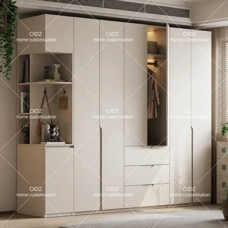 Oak Solid Wood Wardrobe Simple Style Master Bedroom Storage Cabinet Cream Three Drawer Segmented Free Handle Design
