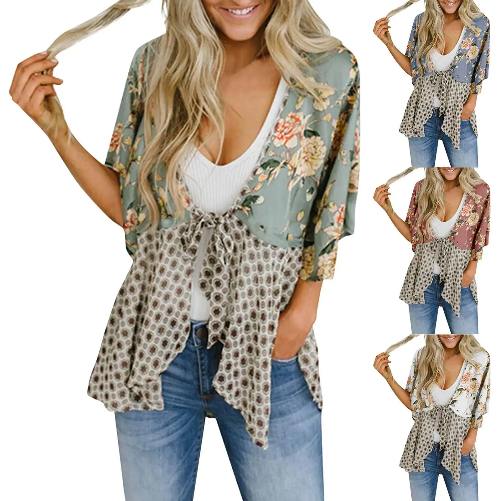 

2026 New Versatile Shirts Women Floral Cardigans Ruffle Sleeve Lightweight Patchwork Flowy Boho Tie Loose Cover Ups 한국인 후기 많은 옷