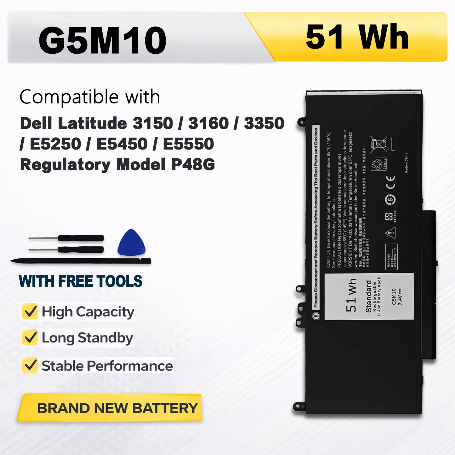 PowerHub G5M10 7.4V 51Wh 6891mAh Laptop Battery For Dell Latitude 3150 3160 3350 E5250 E5450 E5550 G5M10 8V5GX R9XM9