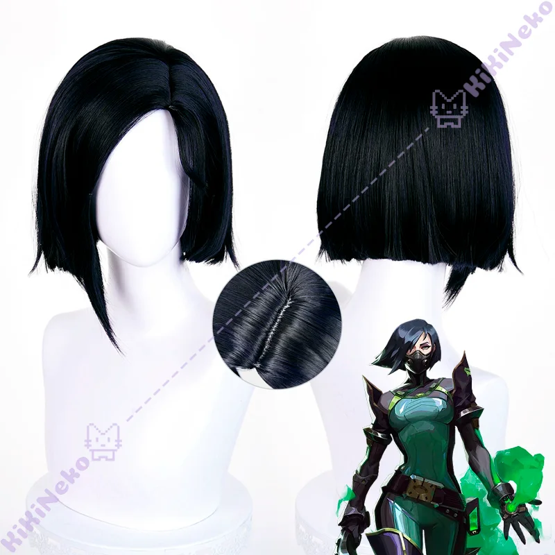게임 발로란트 바이퍼 코스프레 가발 검은색 짧은 머리 사비네 칼라스 바이퍼 역할극 할로윈 카니발 파티 성인 여성 남성용