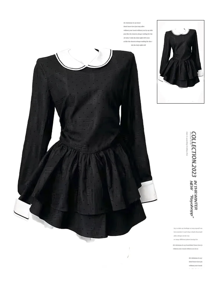 Women Black Goth A-line Dress Vintage Short Sleeve Peter Pan Collar Emo Mini Dresses Y2k Elegant One Piece Frocks 2000s Clothes